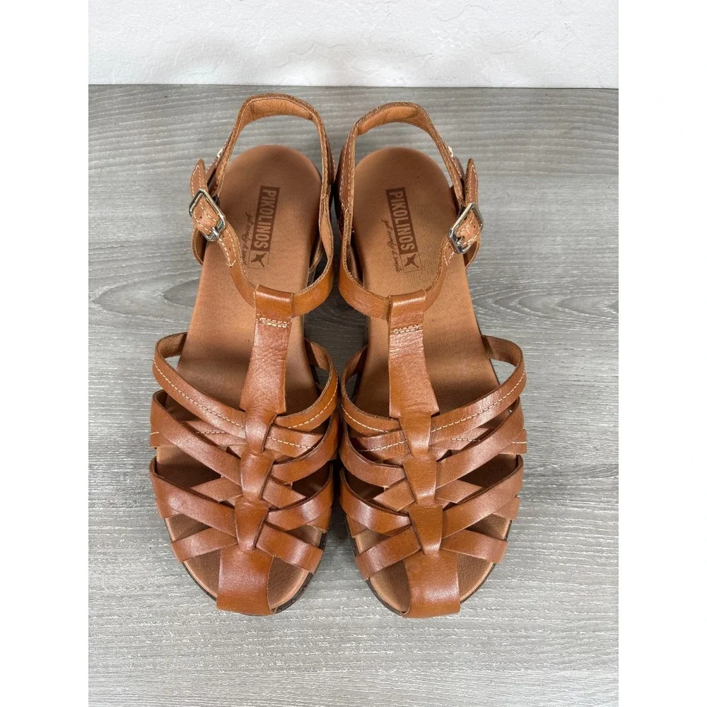 Pikolinos Womens Navia Leather Strappy Sandals Brown Caged Flat Shoes Size 38